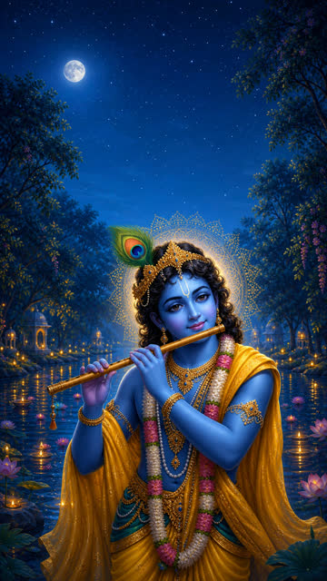 Krishna devotional wallpaper under a moonlit sky